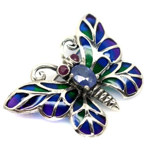 Heated 5x7 MM. Blue Sapphire, Ruby & Enamel Butterfly Brooch 925 Sterling Silver - Bild 1 von 4