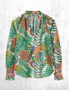 Ex Boden Women’s Long Sleeve Printed Smocked Cuffs Top Pineapple Bloom Garden - Picture 1 of 5