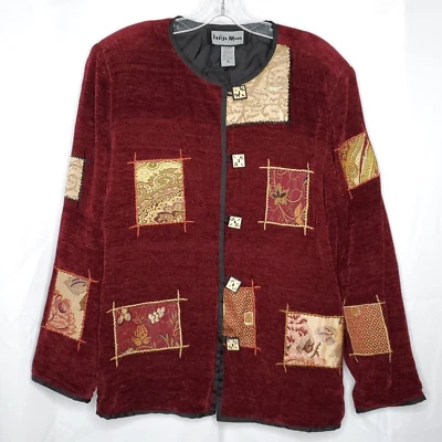 Indigo Moon Patchwork Chenille Jacket M Burgundy Red Tan Tapestry Art To Wear - Изображение 1 из 4
