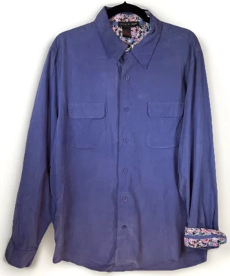 Camisa Tulliano XL Azul Seda Manga Larga Bolsillos Abotonados Floral Puños Cuello Foto 1 de 4