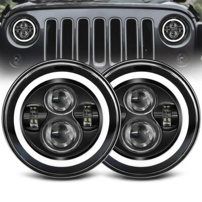 Pair 7" Round LED Headlights Halo Angel Eyes Fit For Jeep Wrangler JK LJ TJ CJ - Image 1 of 4