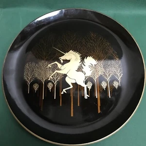 VTG black/gold Otagiri Unicorn w/ Trees Plate Tray 11.75 Japan - Picture 1 of 4