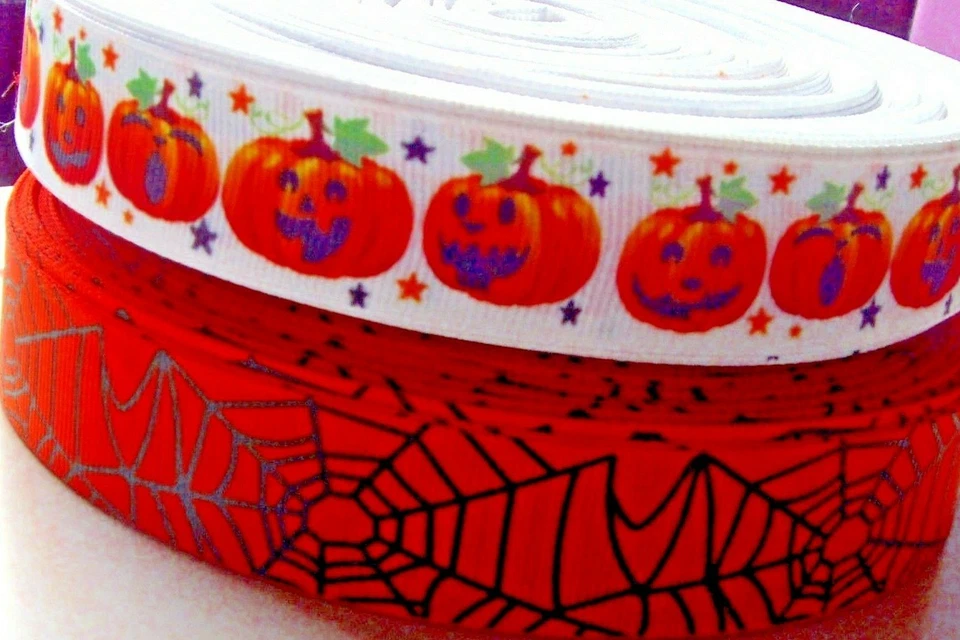 1 metre  -22mm wide ORANGE SPIDER/PUMPKIN FACES HALLOWEEN GROSGRAIN RIBBON TRIM - Image 1 of 1