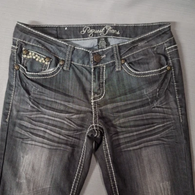 Pantalones Vaqueros Request Negros Embellecidos Pierna Recta Estrás Cremallera Talla 7 Foto 1 de 4