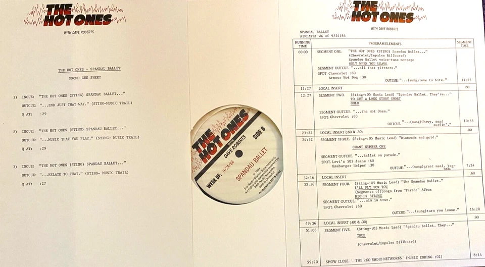 9/24/84 DAVE ROBERTS HOT ONES, SPANDAU BALLET IN STUDIO, PRODUCERS STOCK, MINT - Image 1 of 1