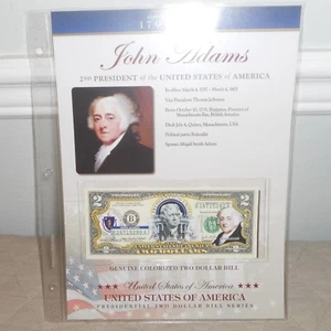 COLORIZED 2-SIDED COLORIZED Overprint $2 Bill Genuine Legal Tender -JOHN ADAMS - Picture 1 of 7