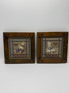 Set Of 2 Completed Rustic Framed Cross Stitch Decor Pictures Primitive Farm Kids - Picture 1 of 7