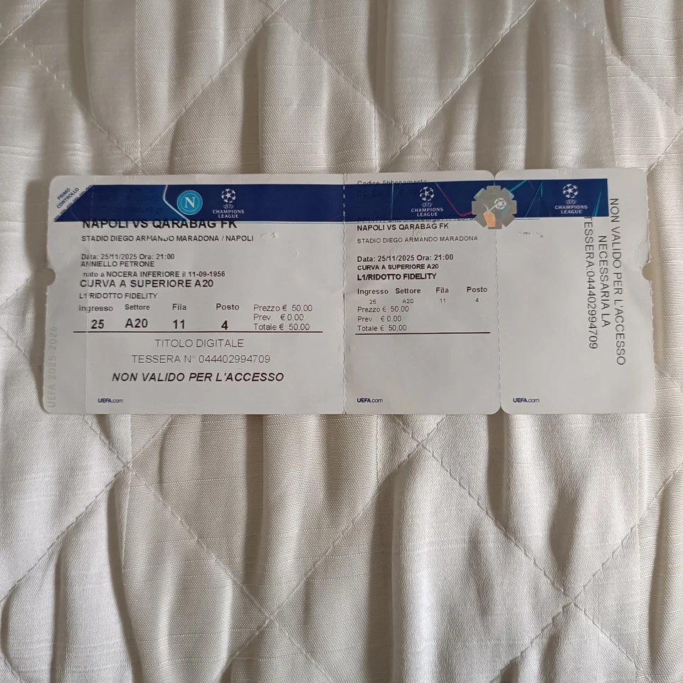 BIGLIETTO " NAPOLI-QARABAG FK " - 25/11/2025 - CURVA A SUPERIORE A20 - USATO - - Immagine 1 di 1