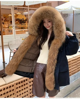Women's 2026 Winter New Parka Real Raccoon Fur Lining Jacket Warm Fur Long Coat - Image 1 of 4