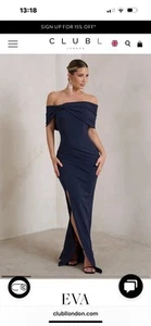 New With Tags Club L London EVA NAVY BARDOT BOW DETAIL MAXI DRESS WITH Split 16 - Picture 1 of 5