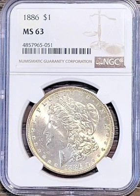 Dólar de plata Morgan 90 % losa 1886 clasificación NGC MS63 - 4857965-051 Foto 1 de 3