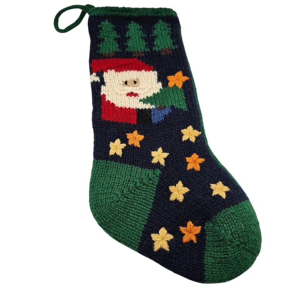 VTG Wool Knit Santa Claus Yellow Stars Green Background Christmas Stocking 19” - Image 1 of 4
