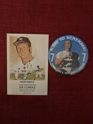 Tarjeta promocional de Mickey Mantle coleccionable 1984 y prendedor conmemorativo de jubilación 1969 Foto 1 de 4