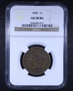 1848 Braided Hair Large Cent - 1c NGC AU58 - Sharply Struck! - Picture 1 of 4
