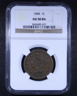 1848 Braided Hair Large Cent - 1c NGC AU58 - Sharply Struck! - Image 1 of 4