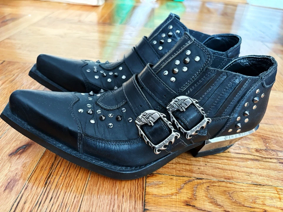 New Rocks Spiked Steel Heels Goth Punk Black Ankle Boots Size 38 - Image 1 of 4