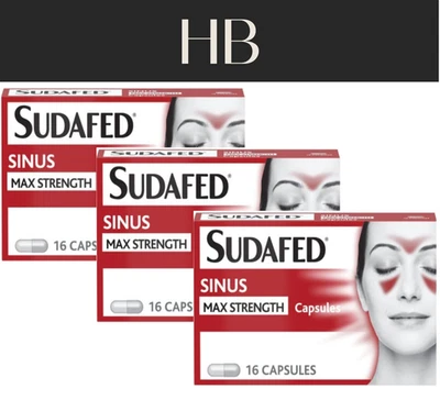 3X - Sudafed Sinus Max Strength Capsules Pack of 16 100% ORIGINAL