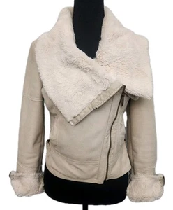Bebe Moto Jacket Womens XS Ivory Faux Suede Fur Biker Penny Lane Shearling Chic - Picture 1 of 14