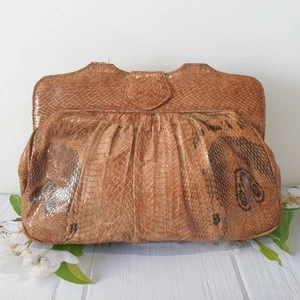 Vintage Retro SNAKESKIN LEATHER Clutch BAG Beige Tan Soft Lined Costume 60s 70s - Picture 1 of 13