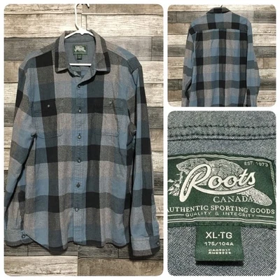 Camisa de Franela Roots Canada Para Hombre L Azul Gris A Cuadros Abotonada Informal Foto 1 de 4