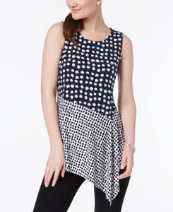 Alfani Asymmetrical-Hem Mixed-Print Tunic Top Size-Small Color-Blue Dye Dot - Picture 1 of 2