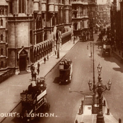 Vintage 1920s RPPC Law Courts London Double-Decker Bus People Postcard England - Image 1 of 3