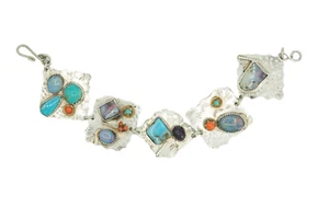 VTG Native American stone opal turquoise coral 925 silver tooled bracelet signed - Picture 1 of 9