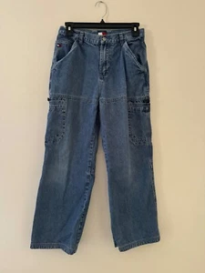 Vintage Tommy Hilfiger Jeans Boys 18 Cargo Blue Denim Logo Casual Y2K Kids  - Picture 1 of 10