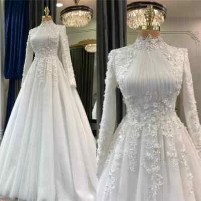 Exquisite Muslim Wedding Dresses High Neck Long Sleeves A Line Tulle Bridal Gown - Image 1 of 4