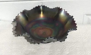 ANTIQUE VINTAGE PURPLE AMETHYST CARNIVAL GLASS IRIDESCENT RUFFFLE CANDY DISH - Picture 1 of 5