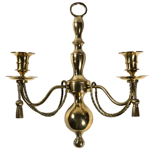 Vintage Brass 2 Taper Candles Wall Sconce w/ Braided Rope & Tassels, 13"x12"x5" - Picture 1 of 16