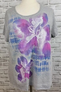 Just My Size Gray Floral Cotton Poly Knit Top Size 4X Short Sleeve Round Neck - Picture 1 of 6