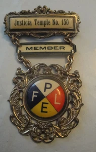 JUSTICA TEMPLE No. 150 MEMBER PFLE Pin Back Medal Brass & Porcelain 4" x 2-1/8 - Picture 1 of 2