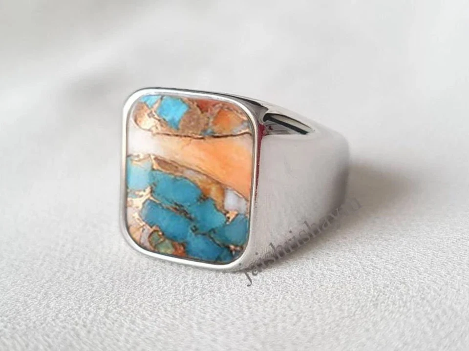 Anillo turquesa ostra cobre plata esterlina 952 anillo para hombre regalo para él Foto 1 de 4