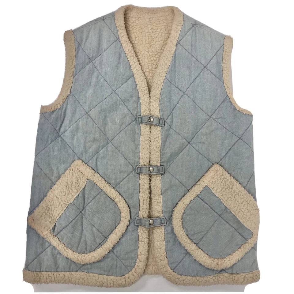 Vtg 70's Men CHAMBRAY Denim QUILTED Sherpa Fleece Lined HIPPIE Trucker Vest XL - Image 1 of 4