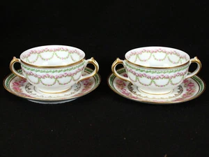 2 GDA Gerard Dufraisseix & Abbot Limoges Bouillon Cups and Saucers Swag Floral - Picture 1 of 7
