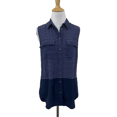 Top Equipment Mujer XS Extra Pequeño Azul Marino Sin Mangas Rayas Seda Abotonada Foto 1 de 4