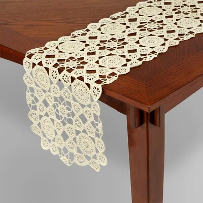 Essential Home Ivory Random Crochet Table Runner Cotton Polyester 13 x 39-in NEW - Image 1 of 3