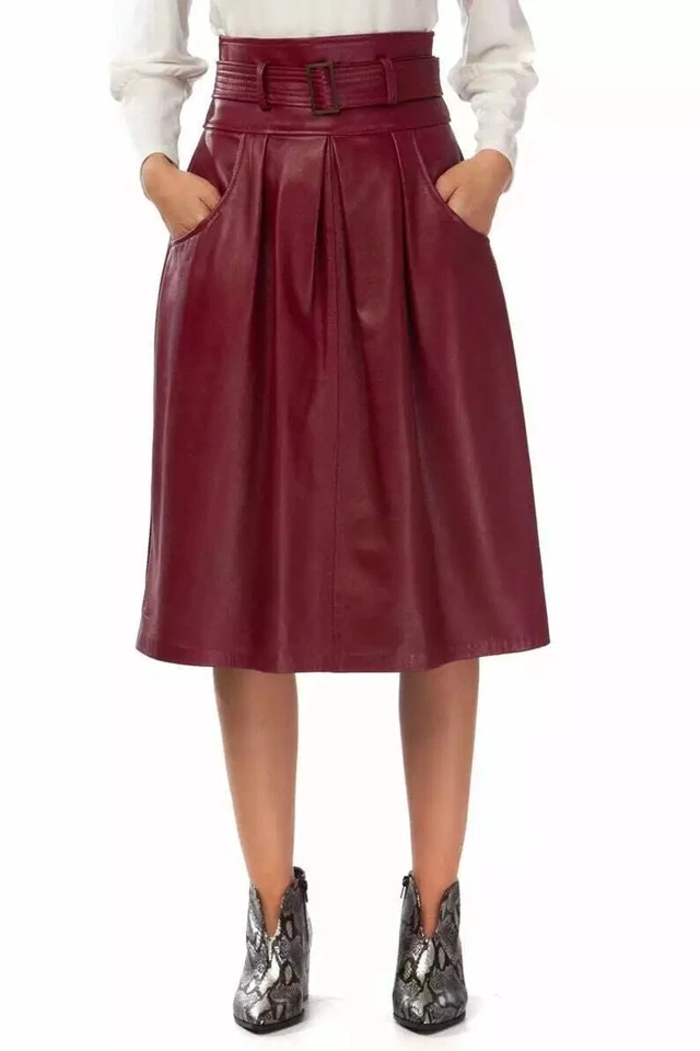 Falda de diseñador de cuero de cordero real borgoña con cinturón bolsillo informal fiesta Foto 1 de 4
