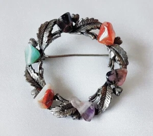 Brooch ~ Natural Colours Agate 'Miracle' Stones ~ Celtic ~ Pewter Metal - Picture 1 of 7