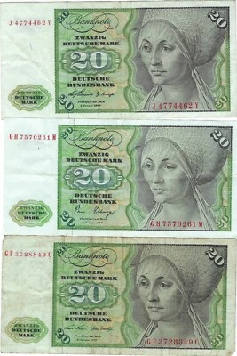 Germany 20 DM x3 (1960, 1970, 1980), F/XF Still Exchangeable, Gift Included EX60 - Image 1 of 3
