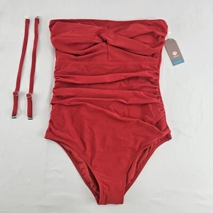 Size M Red Tummy Control Swimwear Strapless One Piece Swimsuit Ruched Bathing - Picture 1 of 17