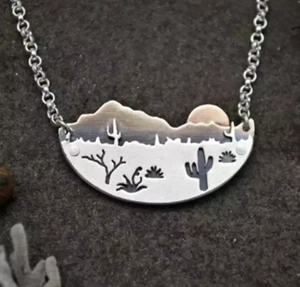 Desert Landscape Necklace/ Silver Arizona Saguaro Cactus Landscape/ Mountain - Picture 1 of 1
