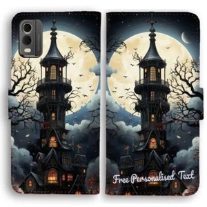 Personalised Text Wallet Phone Cover For LG Series - Haunted House Halloween - Picture 1 of 1
