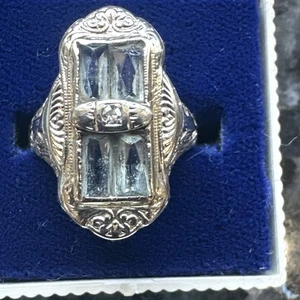 Antique Art Deco 14k White Gold Filigree Ring w/ Aquamarines & Diamond Size 6.5 - Picture 1 of 15