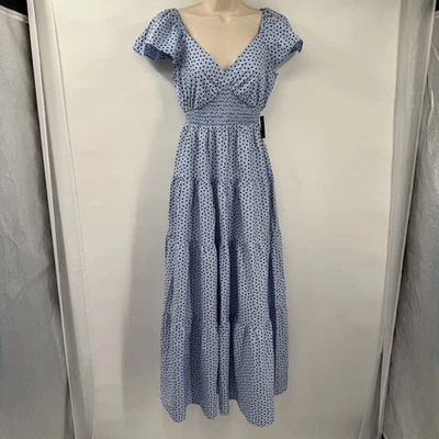 Express Dress Womens XS Blue Polka Dot Maxi Tiered Smocked Flutter Sleeve New - Image 1 of 4