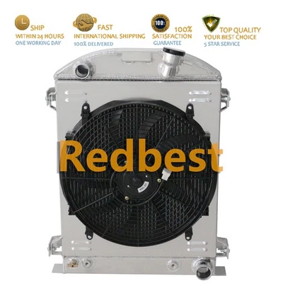 3 Row Aluminum Radiator Shroud Fan Fit 1930-1938 Ford Model A/B/81A/82A Chevy V8 - Image 1 of 4
