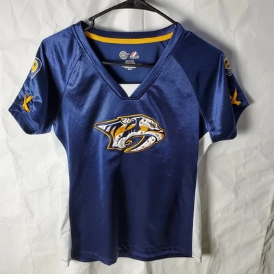 Majestic рубашка женщин M синий Nashville хищников хоккей кружевной рукав НХЛ футболка - Изображение 1 из 4