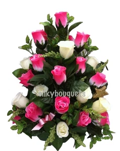 Pink Flower Grave Pot Arrangement Flat Back Artificial Silk Memorial Tribute Mum - Picture 1 of 6