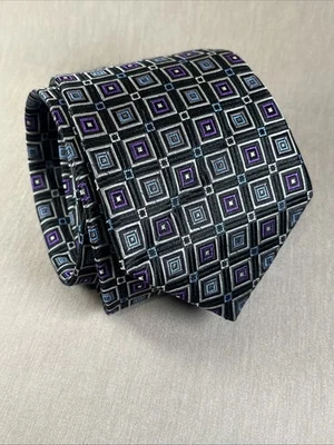 Corbata Ike Behar Para Hombres Patrón Geométrico Cuadrados Negro Gris Azul Púrpura Seda 58" Foto 1 de 4